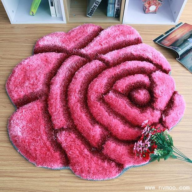 3d立体卧室床边时尚红粉色玫瑰花地毯