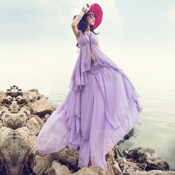 时尚紫色两件套度假裙